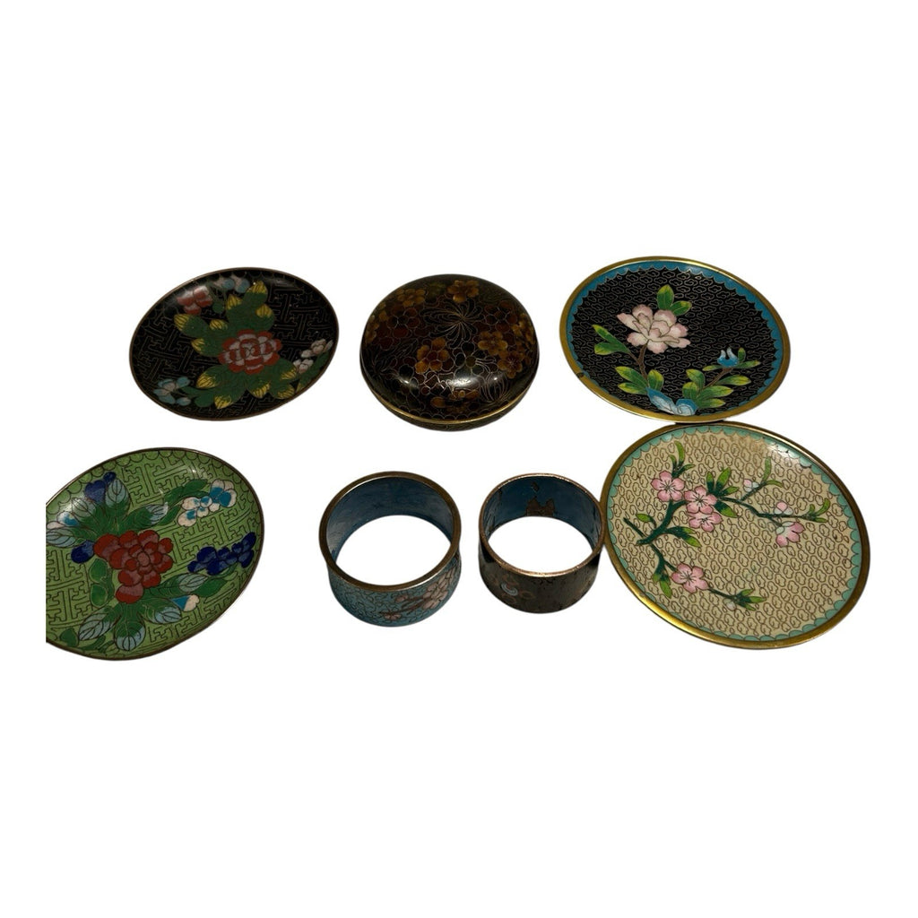 Vintage Lot of Chinese Cloisonne - 4 Coasters, 2 Napkin Rings, Dresser Box