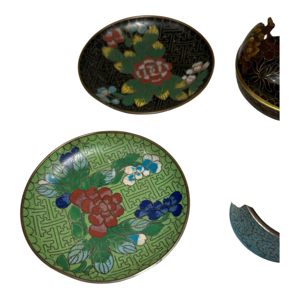 Vintage Lot of Chinese Cloisonne - 4 Coasters, 2 Napkin Rings, Dresser Box