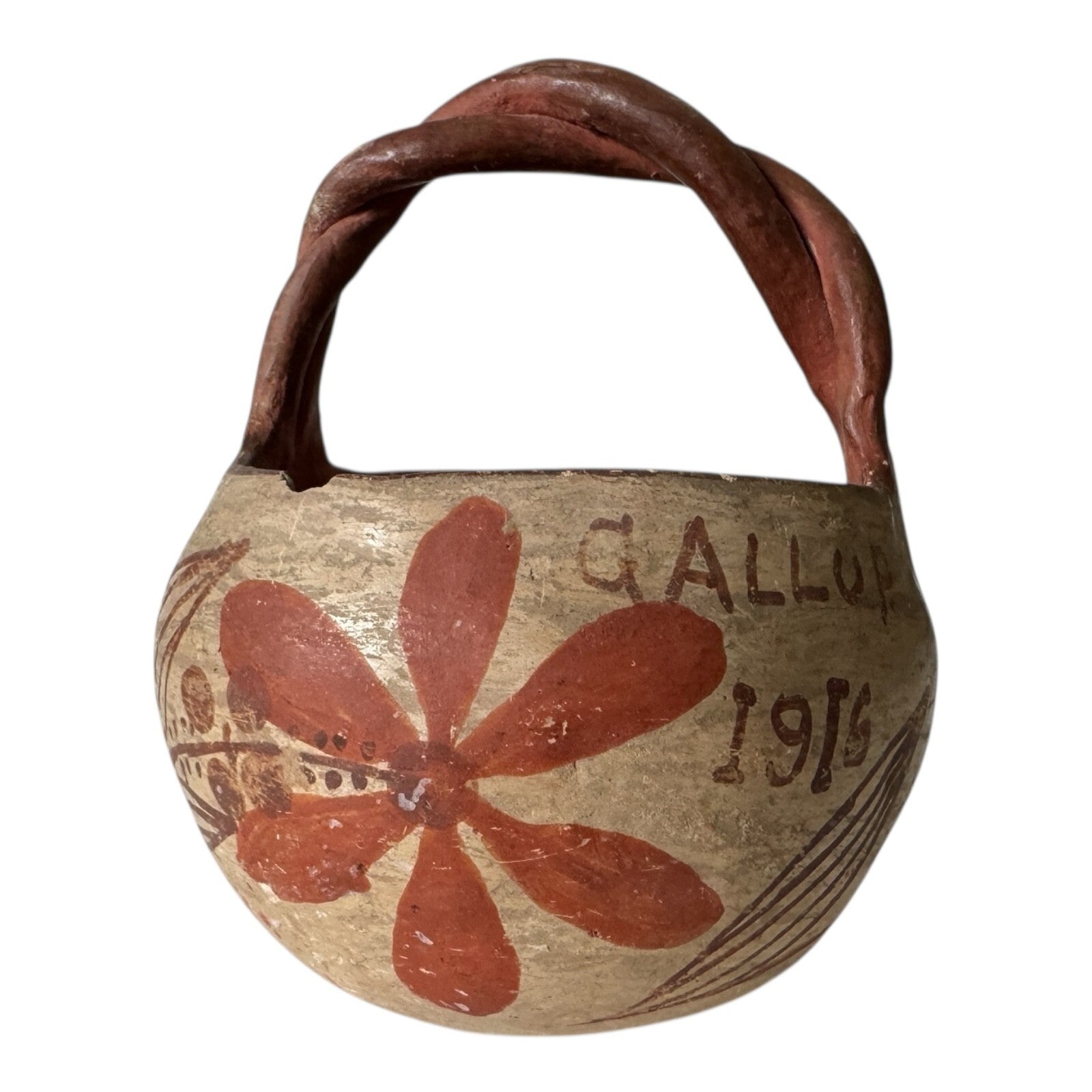Antique 1915 Native American Zuni Tourist Pottery Basket with Twisted Handle