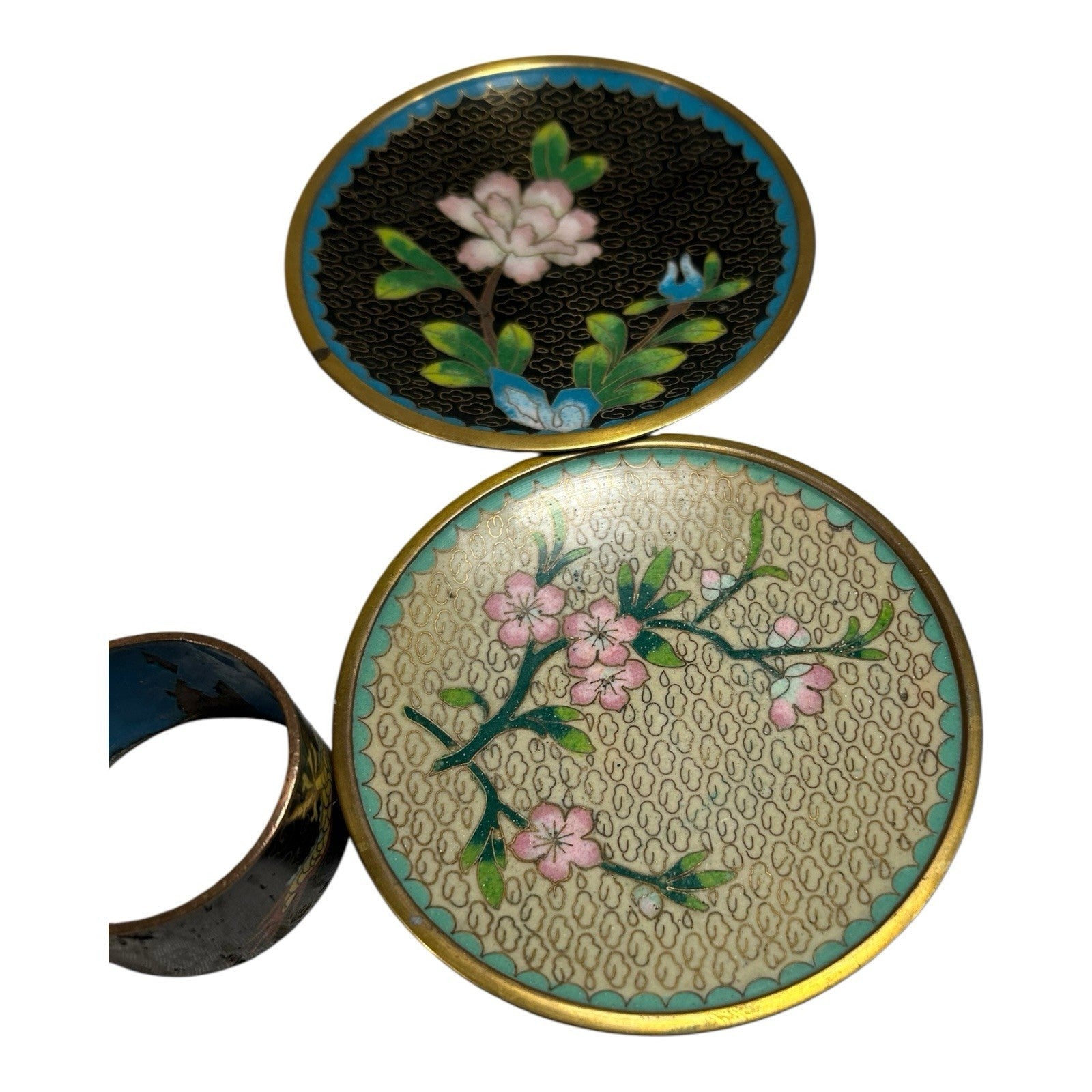 Vintage Lot of Chinese Cloisonne - 4 Coasters, 2 Napkin Rings, Dresser Box