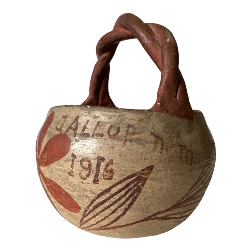 Antique 1915 Native American Zuni Tourist Pottery Basket with Twisted Handle