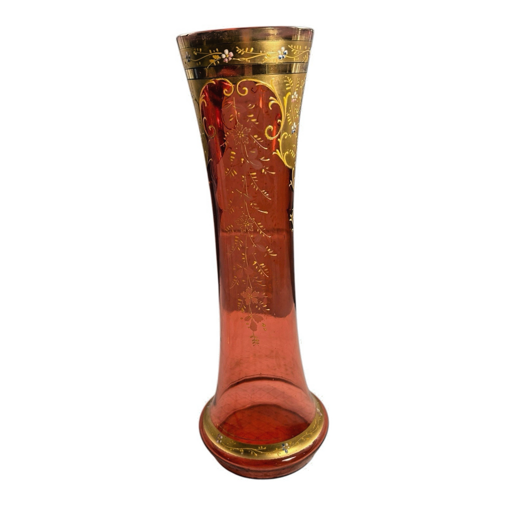 Antique Moser Cranberry Glass Vase with Gold Gilt Enamel Decoration - 13"