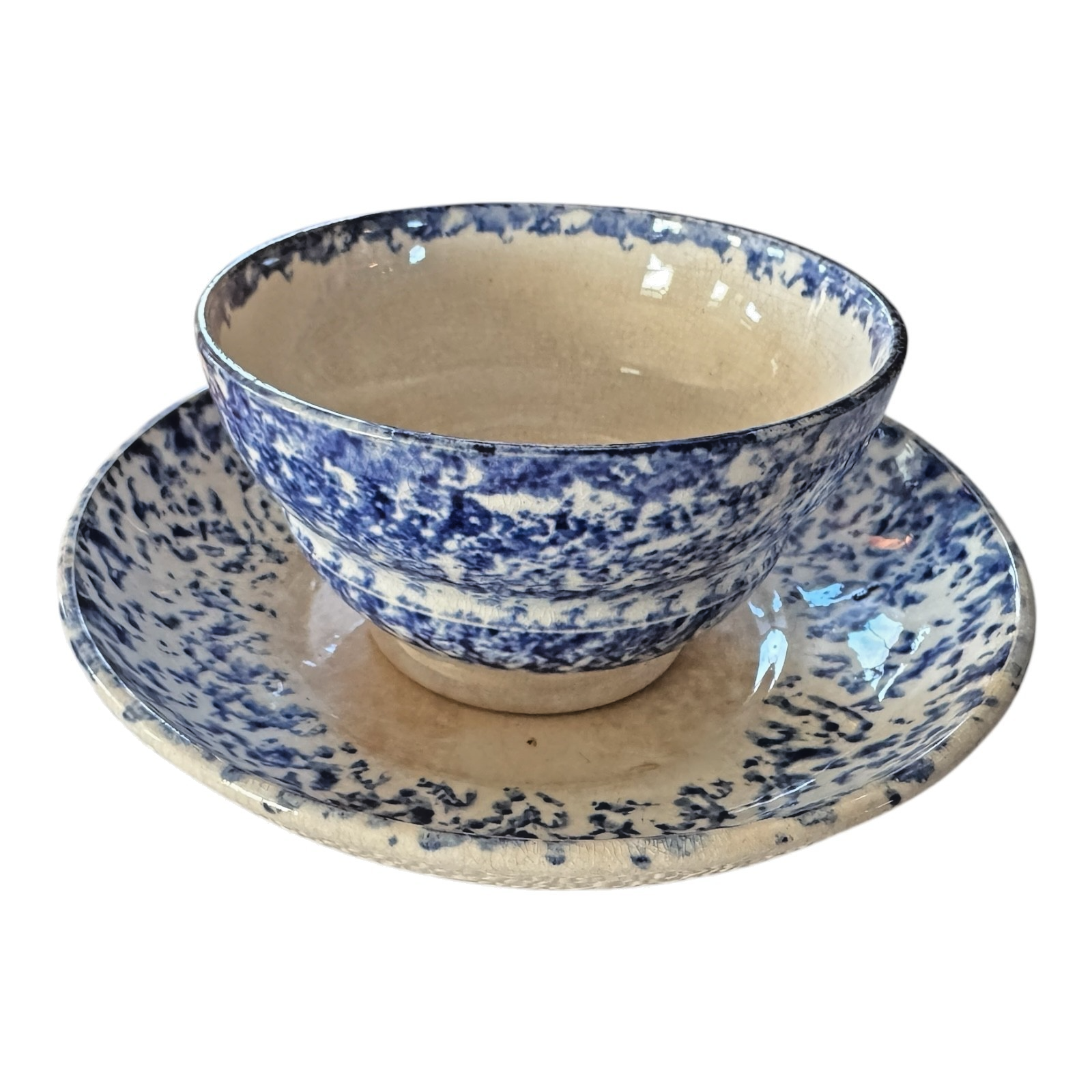 Antique Staffordshire Blue Spatterware Spongeware Teacup & Saucer