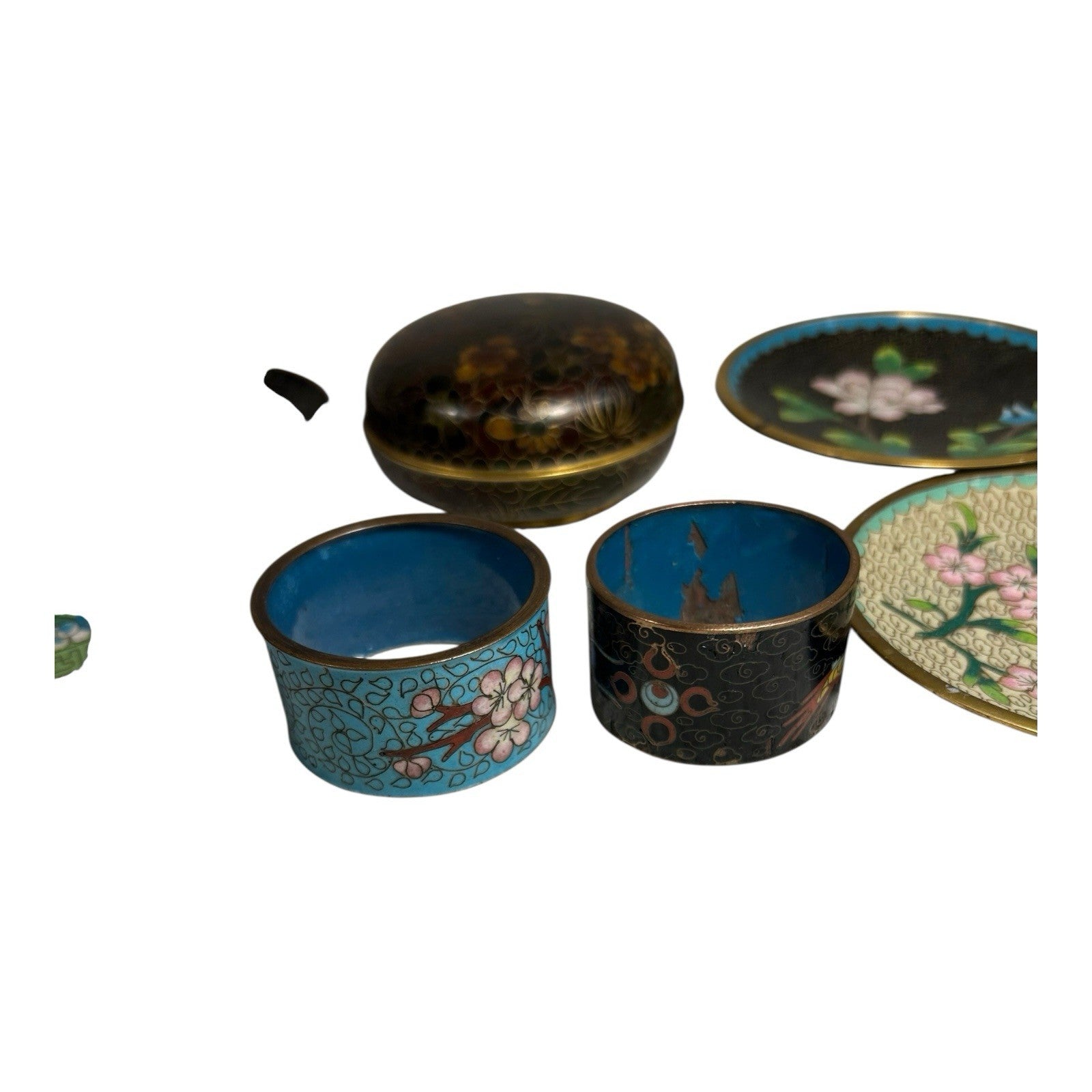Vintage Lot of Chinese Cloisonne - 4 Coasters, 2 Napkin Rings, Dresser Box