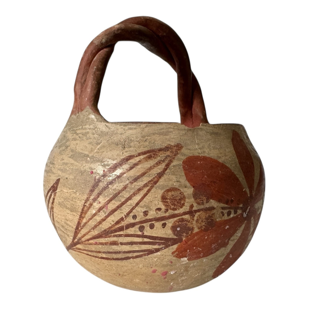 Antique 1915 Native American Zuni Tourist Pottery Basket with Twisted Handle