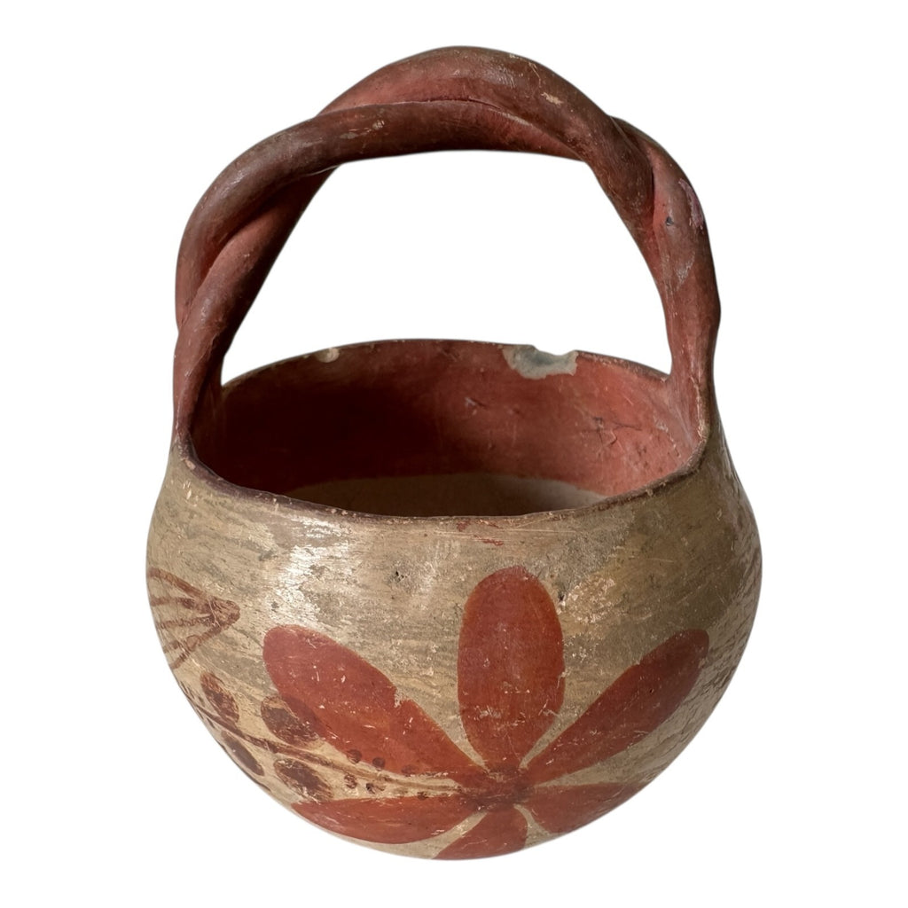 Antique 1915 Native American Zuni Tourist Pottery Basket with Twisted Handle