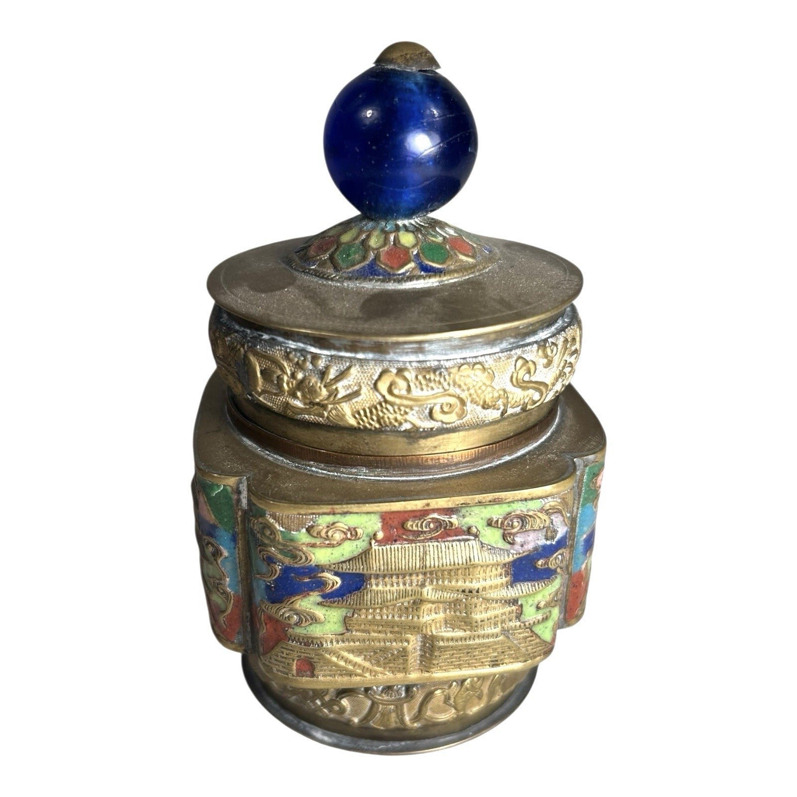 Antique Chinese Champleve Enameled Brass Lidded Tea Caddy