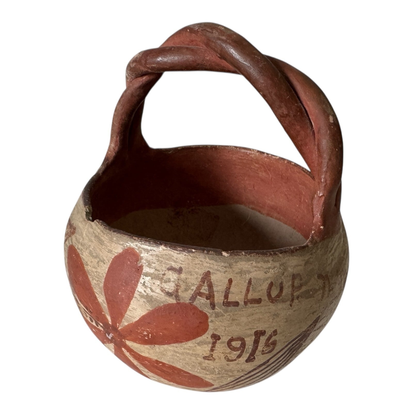 Antique 1915 Native American Zuni Tourist Pottery Basket with Twisted Handle