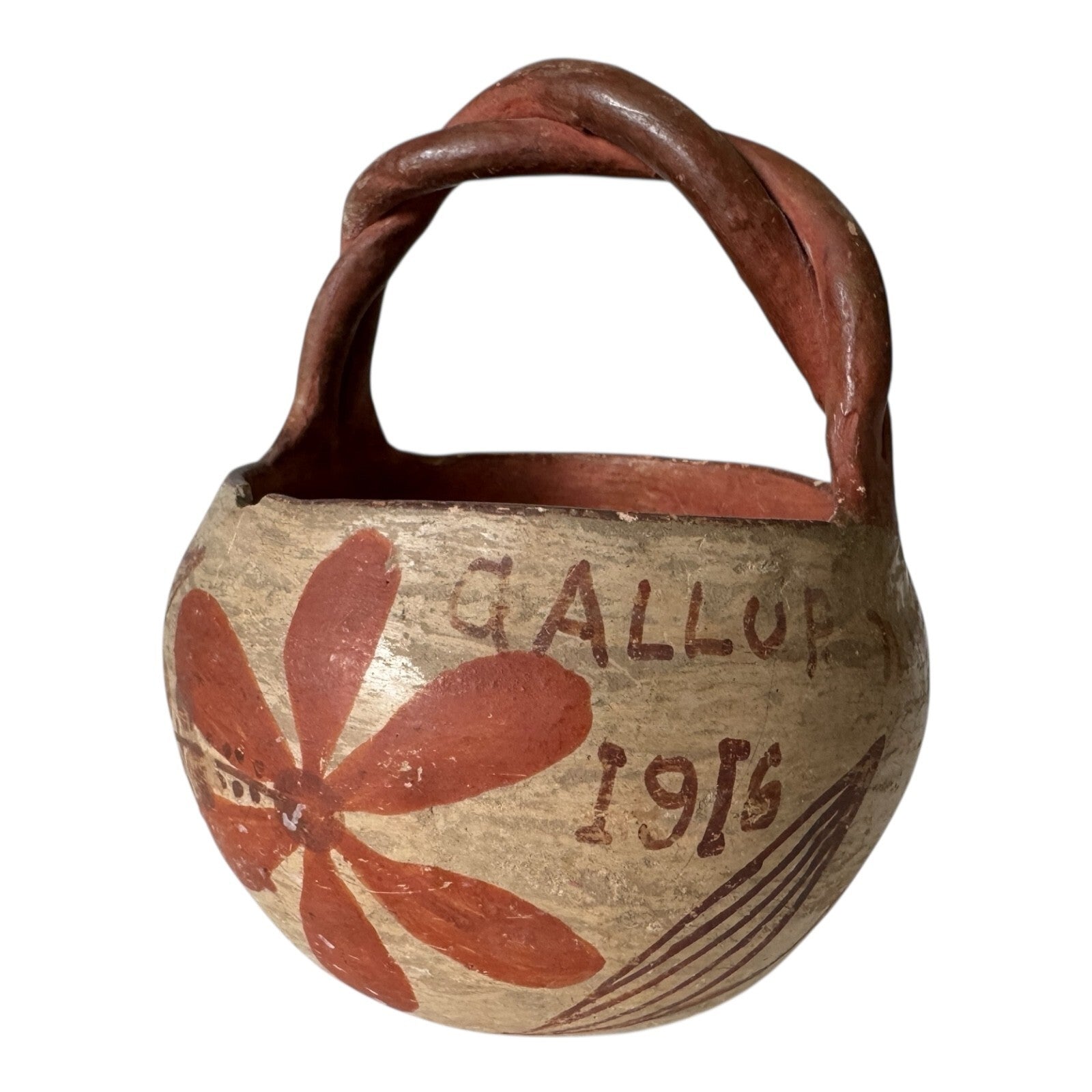Antique 1915 Native American Zuni Tourist Pottery Basket with Twisted Handle