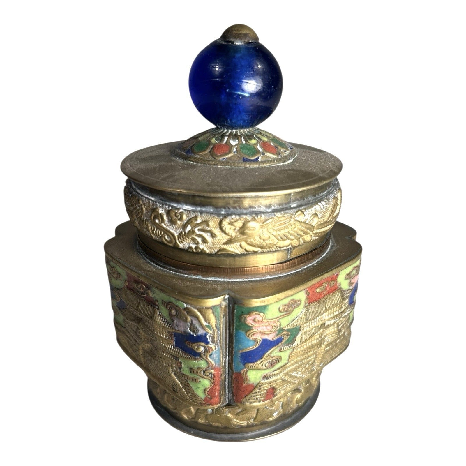 Antique Chinese Champleve Enameled Brass Lidded Tea Caddy