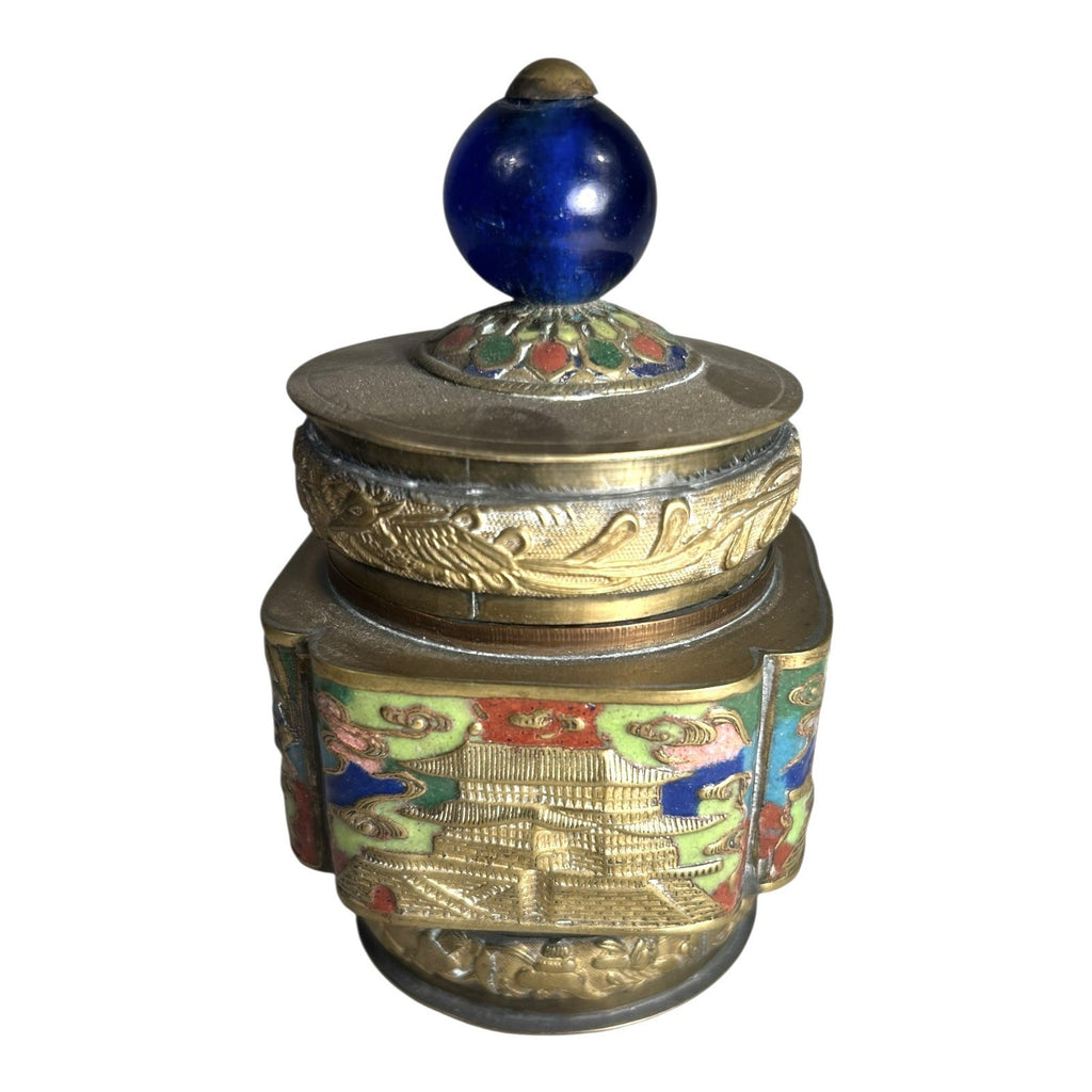 Antique Chinese Champleve Enameled Brass Lidded Tea Caddy