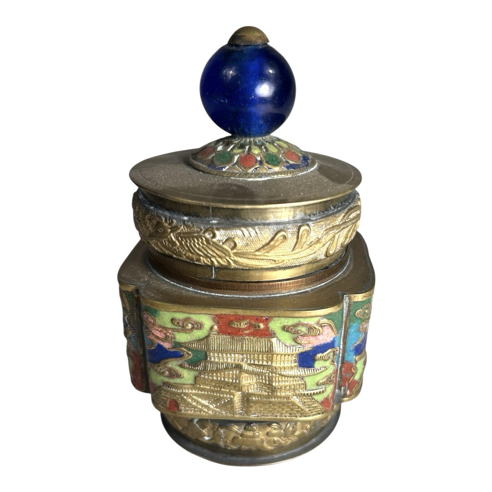 Antique Chinese Champleve Enameled Brass Lidded Tea Caddy