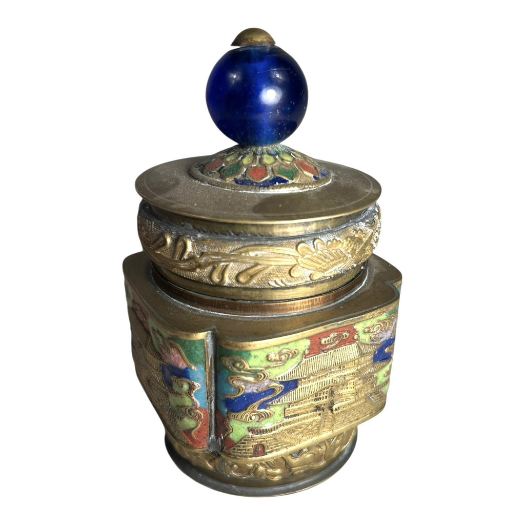 Antique Chinese Champleve Enameled Brass Lidded Tea Caddy