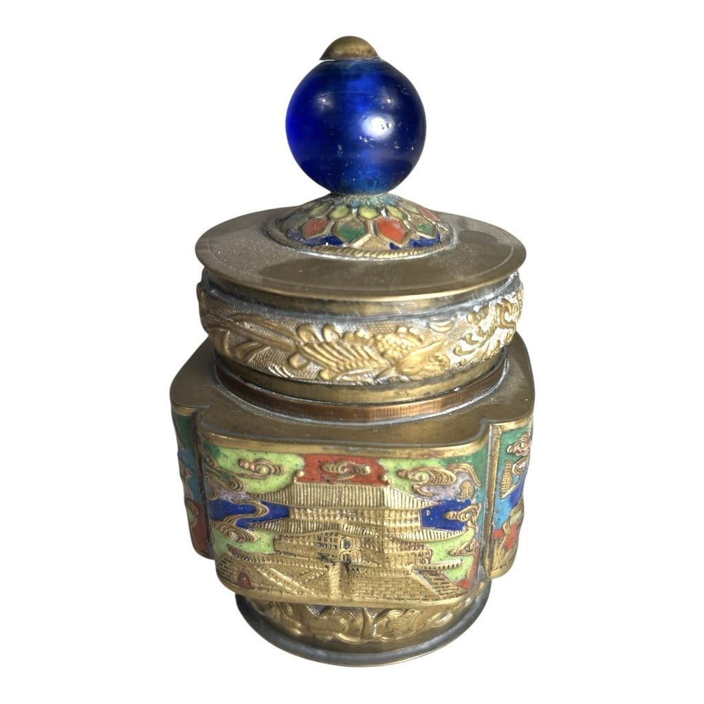 Antique Chinese Champleve Enameled Brass Lidded Tea Caddy