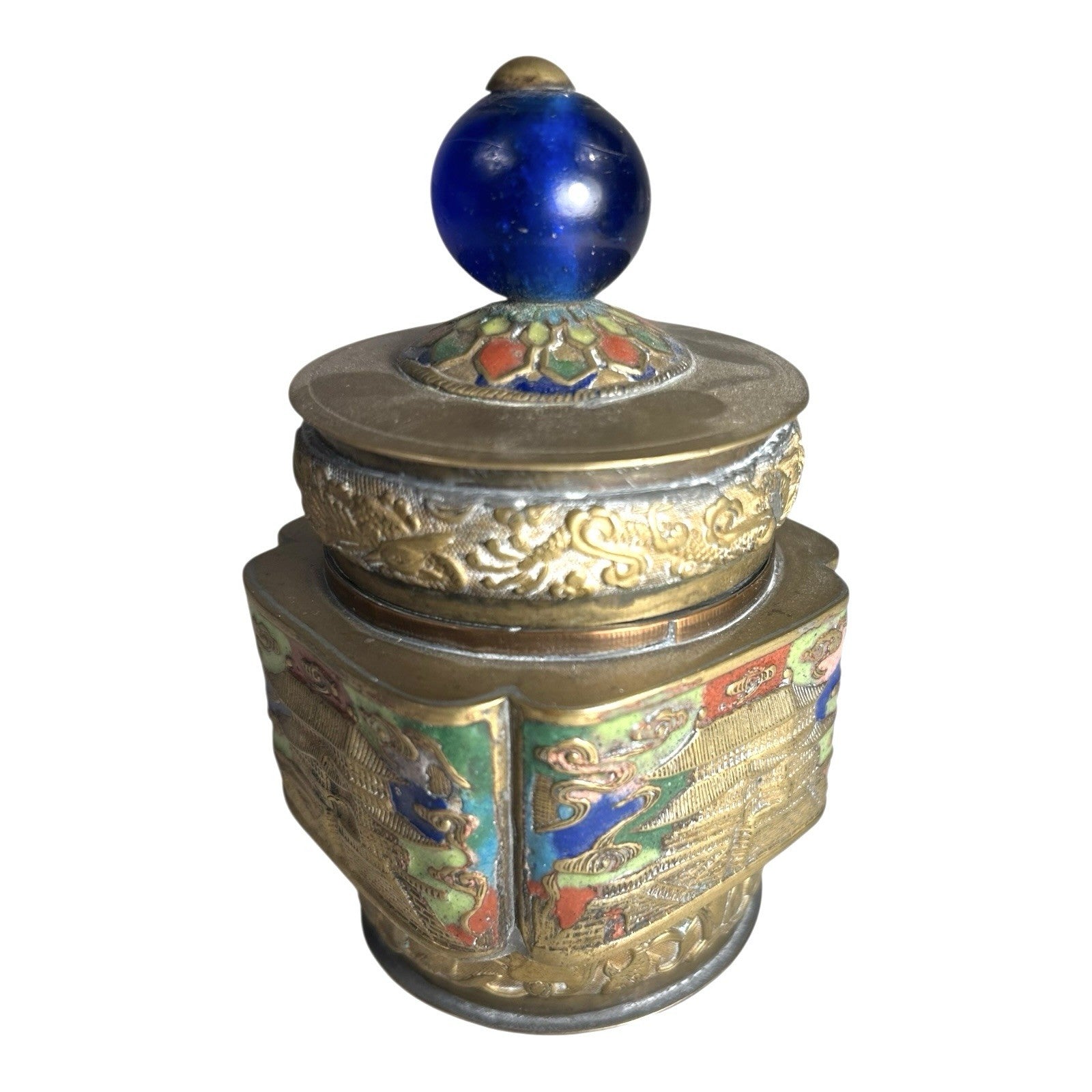 Antique Chinese Champleve Enameled Brass Lidded Tea Caddy