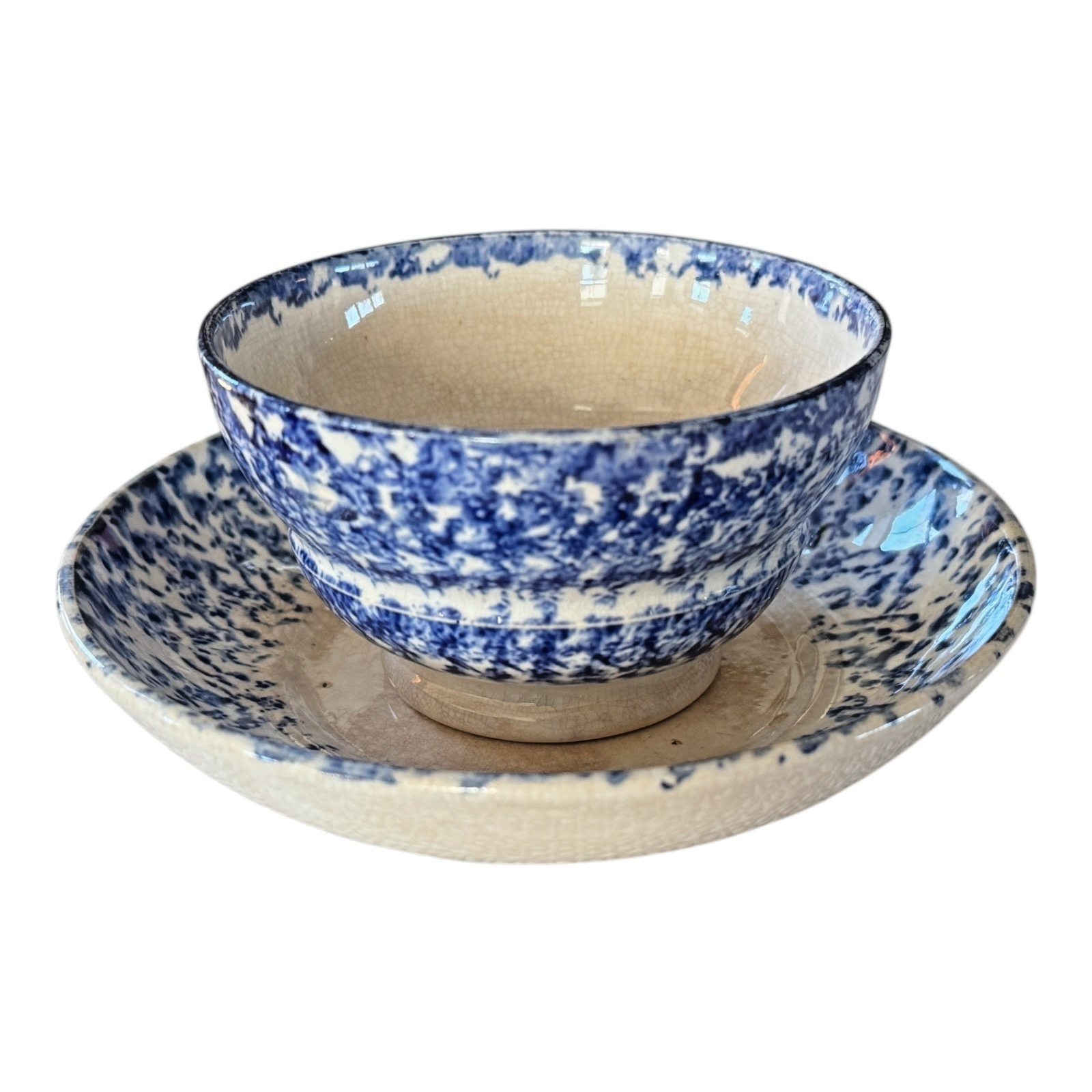 Antique Staffordshire Blue Spatterware Spongeware Teacup & Saucer