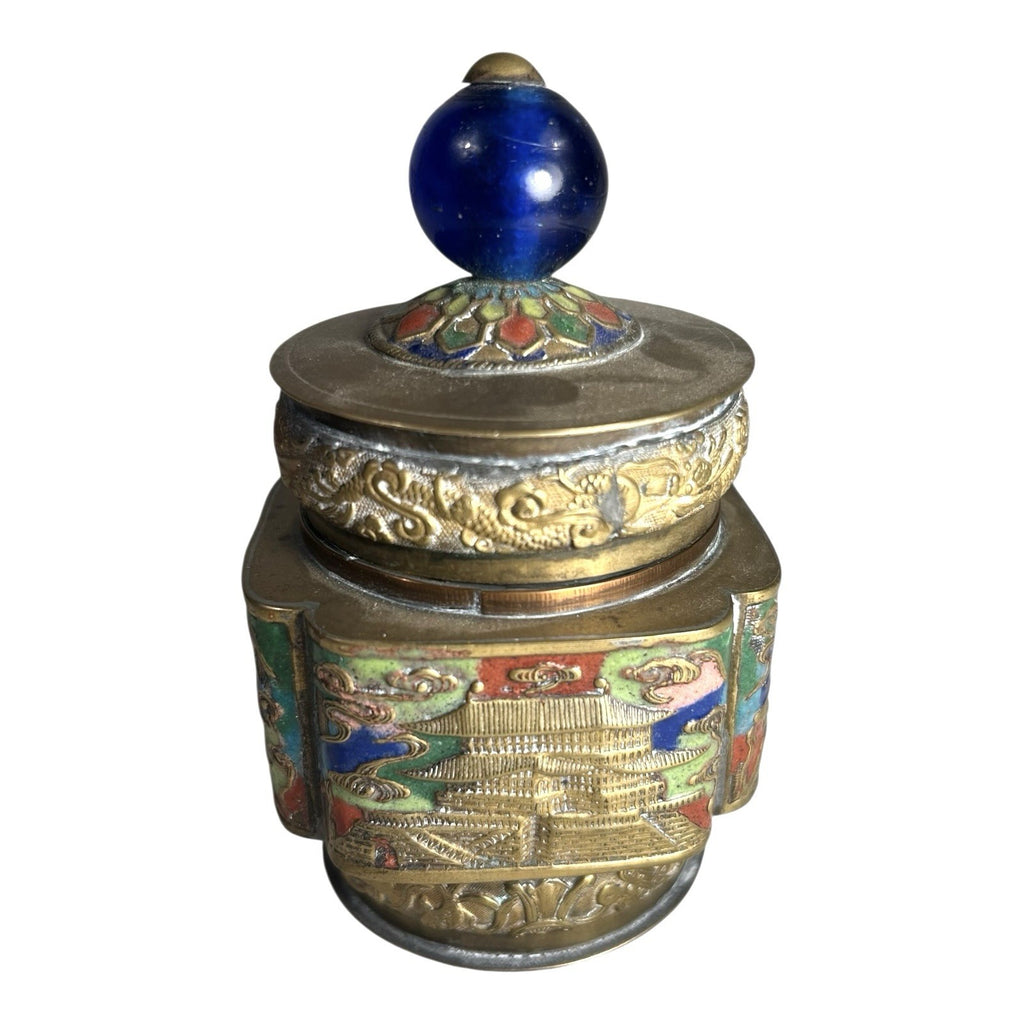 Antique Chinese Champleve Enameled Brass Lidded Tea Caddy