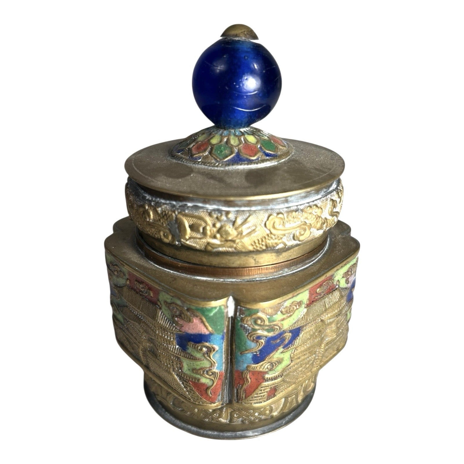 Antique Chinese Champleve Enameled Brass Lidded Tea Caddy