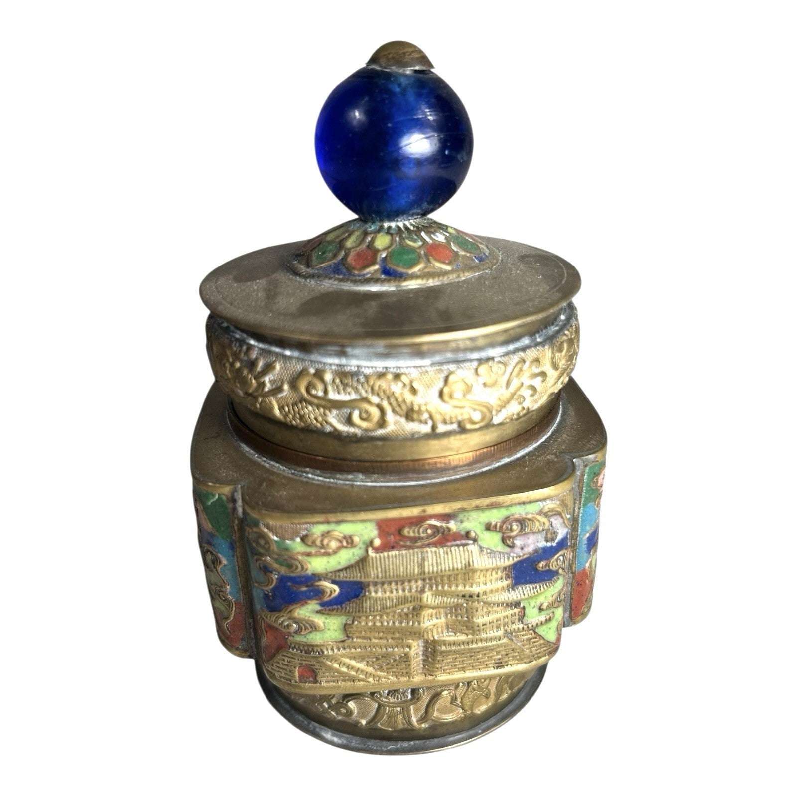 Antique Chinese Champleve Enameled Brass Lidded Tea Caddy