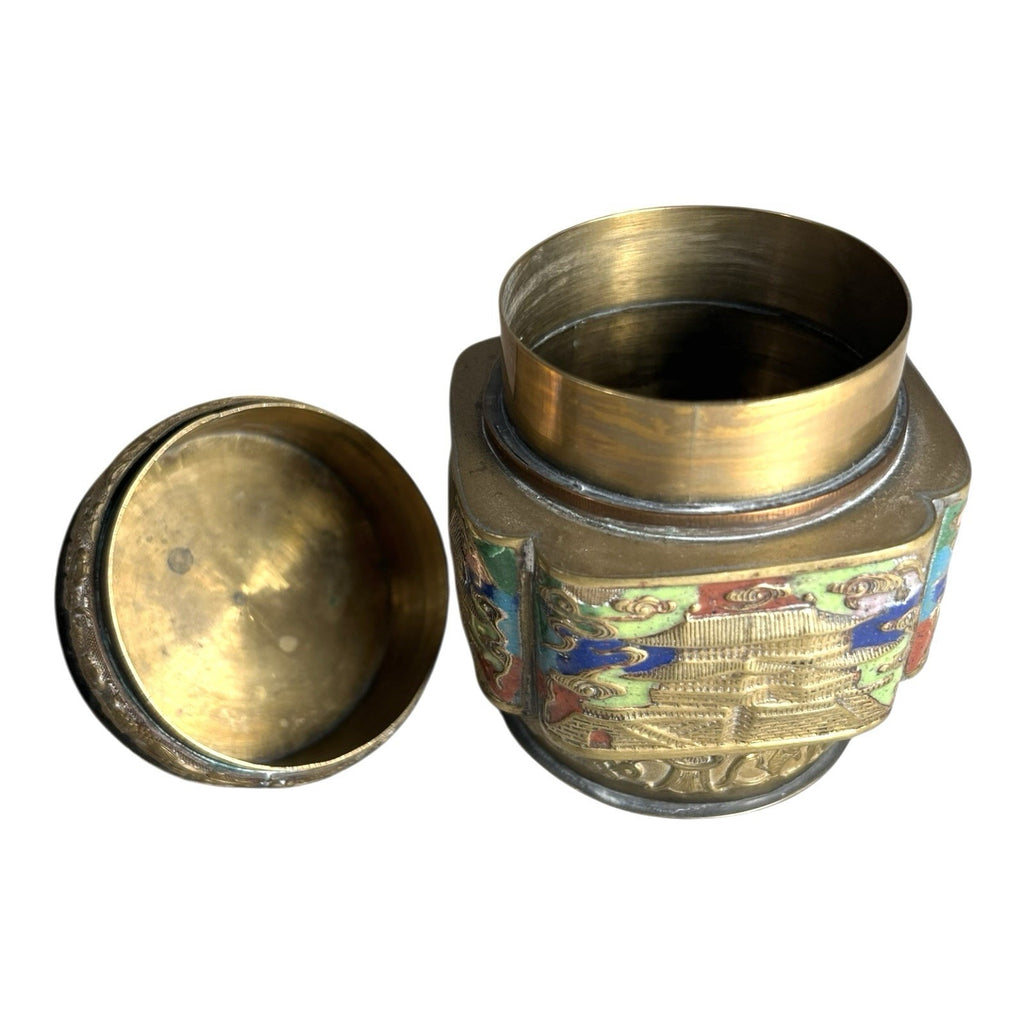 Antique Chinese Champleve Enameled Brass Lidded Tea Caddy