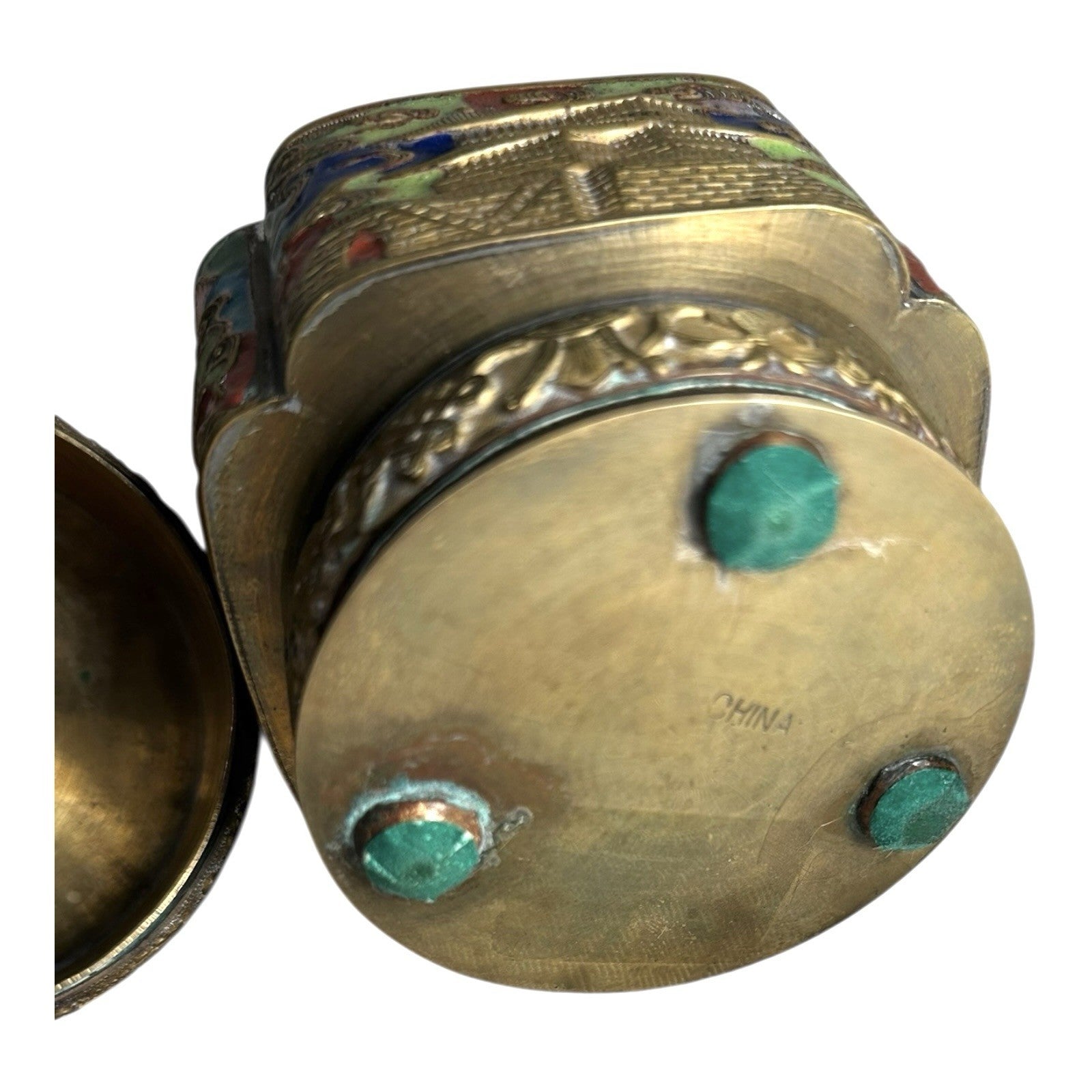 Antique Chinese Champleve Enameled Brass Lidded Tea Caddy