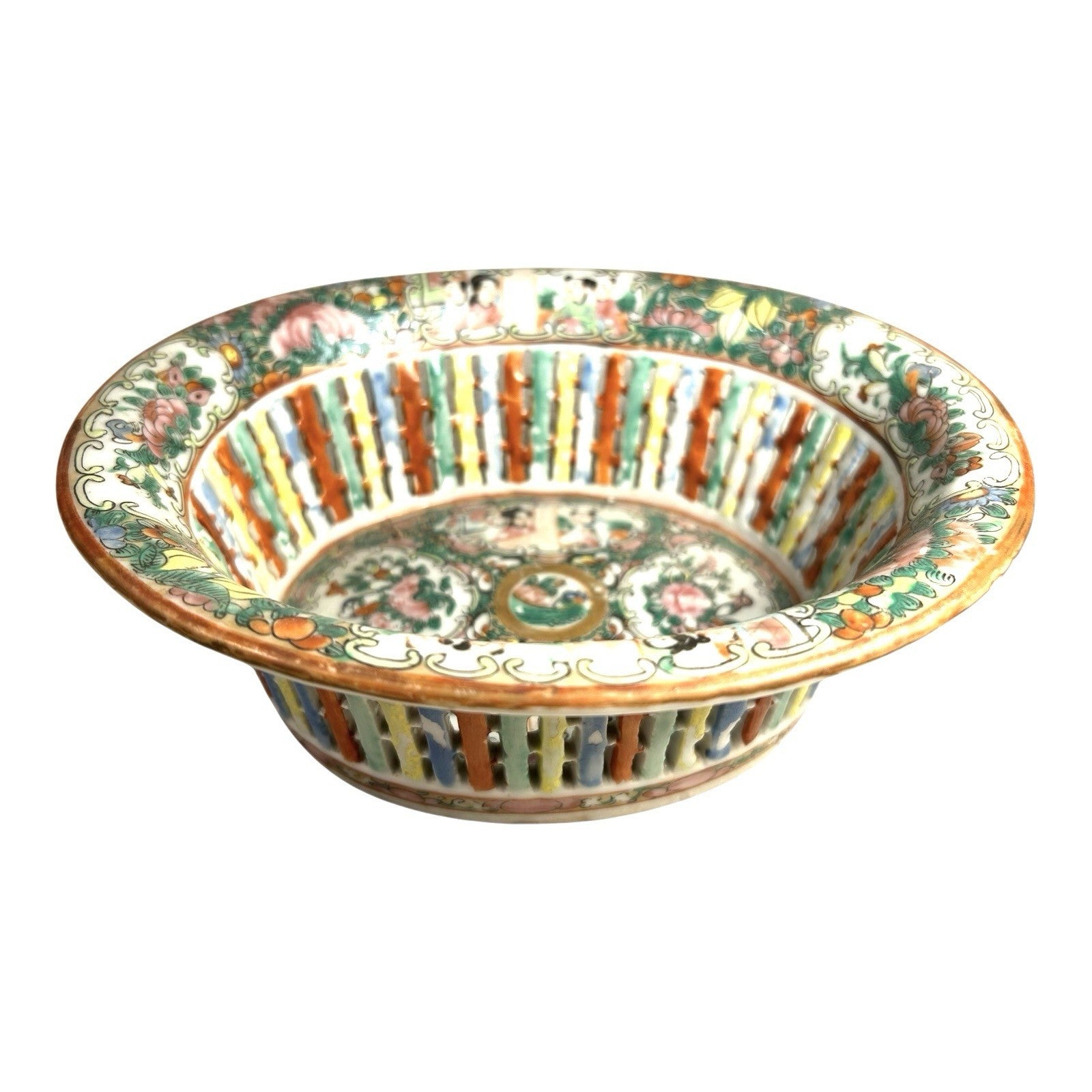 Antique Rose Medallion Chinese Reticulated Chestnut Bowl