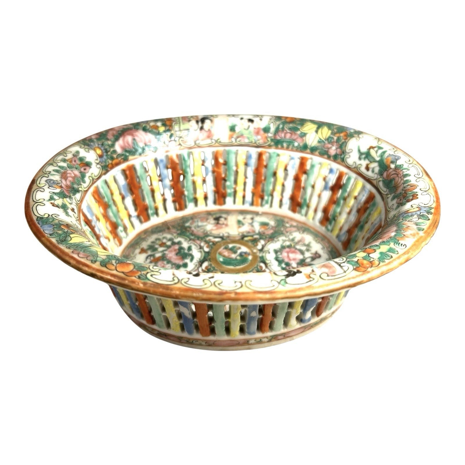 Antique Rose Medallion Chinese Reticulated Chestnut Bowl
