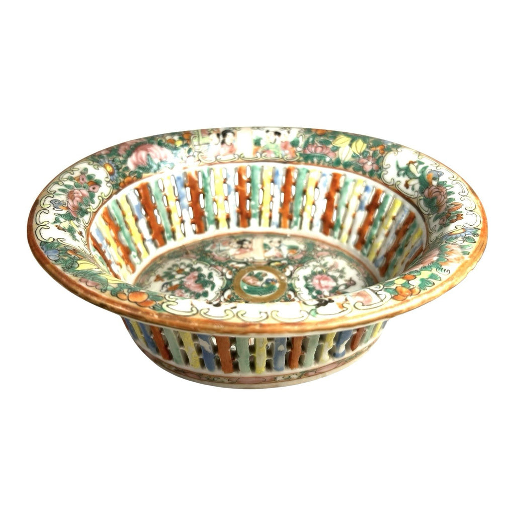 Antique Rose Medallion Chinese Reticulated Chestnut Bowl