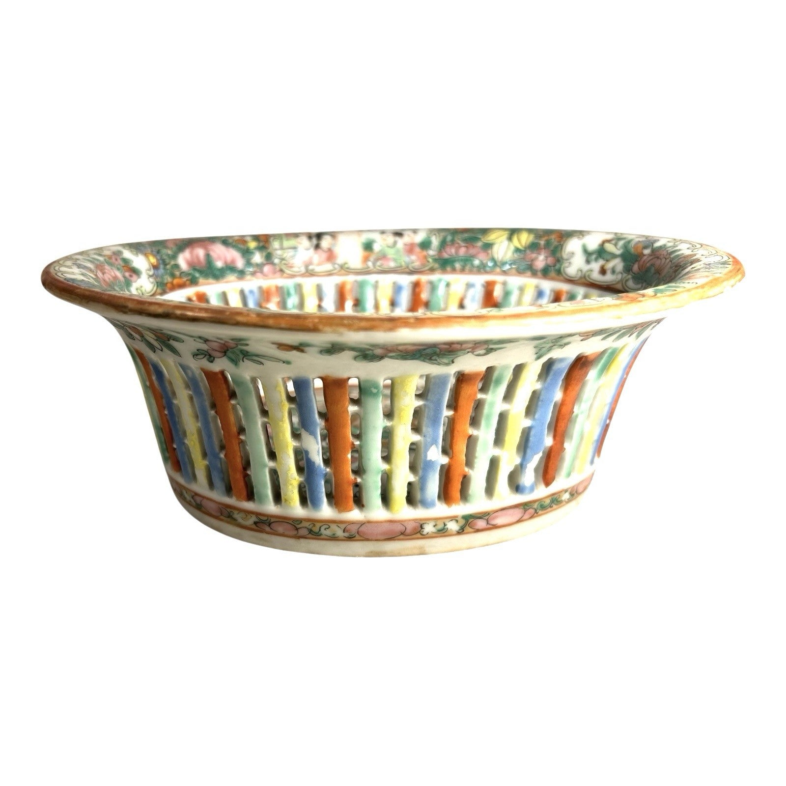 Antique Rose Medallion Chinese Reticulated Chestnut Bowl