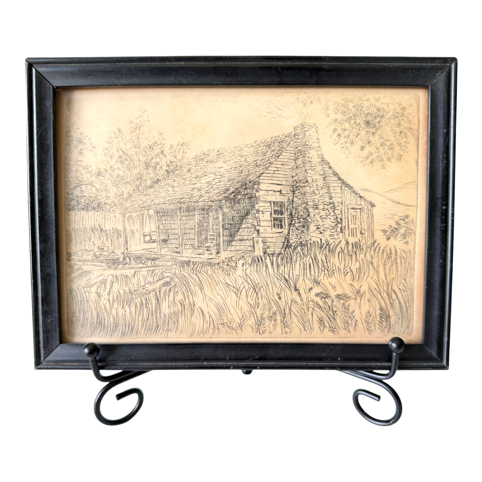 Vintage Great Smoky Mountains Cabin Etching Framed - Lenore Wray