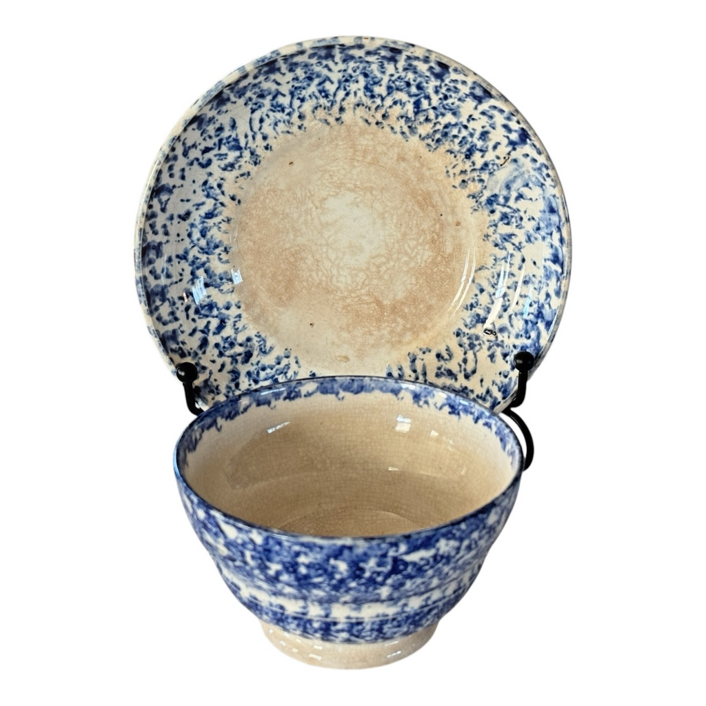 Antique Staffordshire Blue Spatterware Spongeware Teacup & Saucer