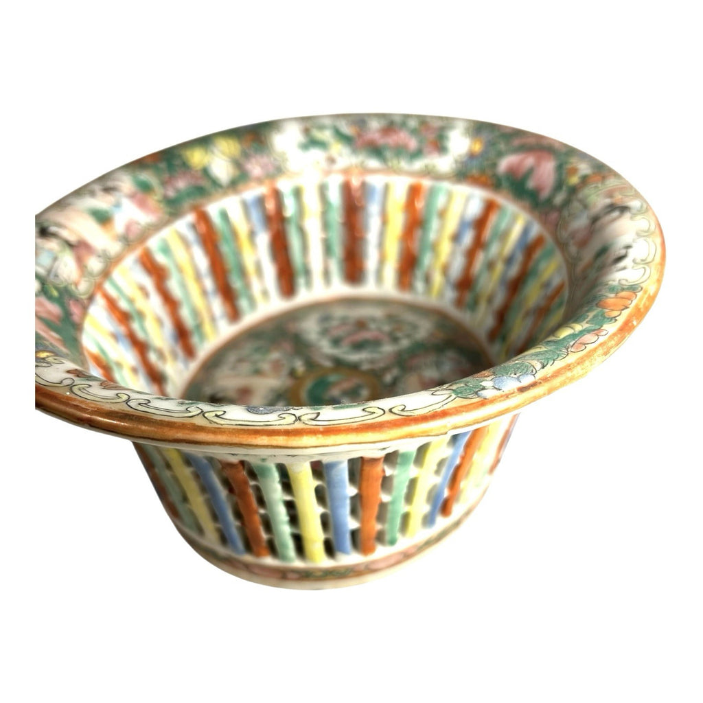 Antique Rose Medallion Chinese Reticulated Chestnut Bowl