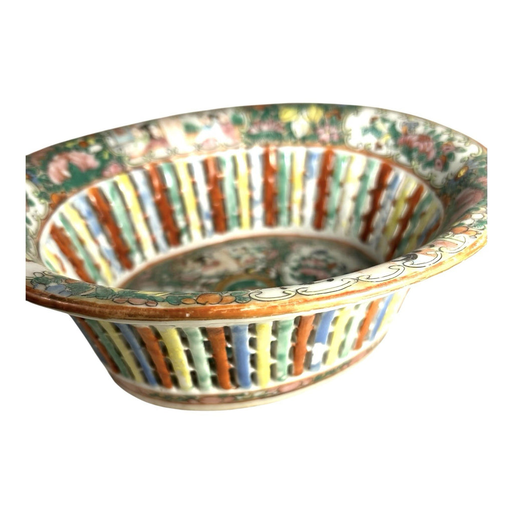 Antique Rose Medallion Chinese Reticulated Chestnut Bowl