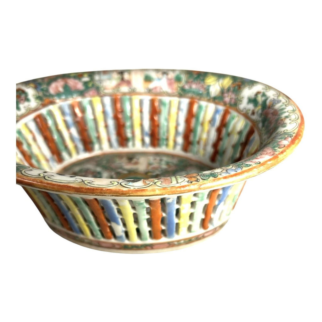 Antique Rose Medallion Chinese Reticulated Chestnut Bowl