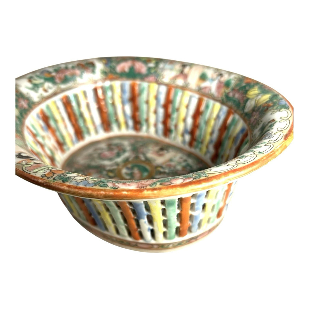 Antique Rose Medallion Chinese Reticulated Chestnut Bowl