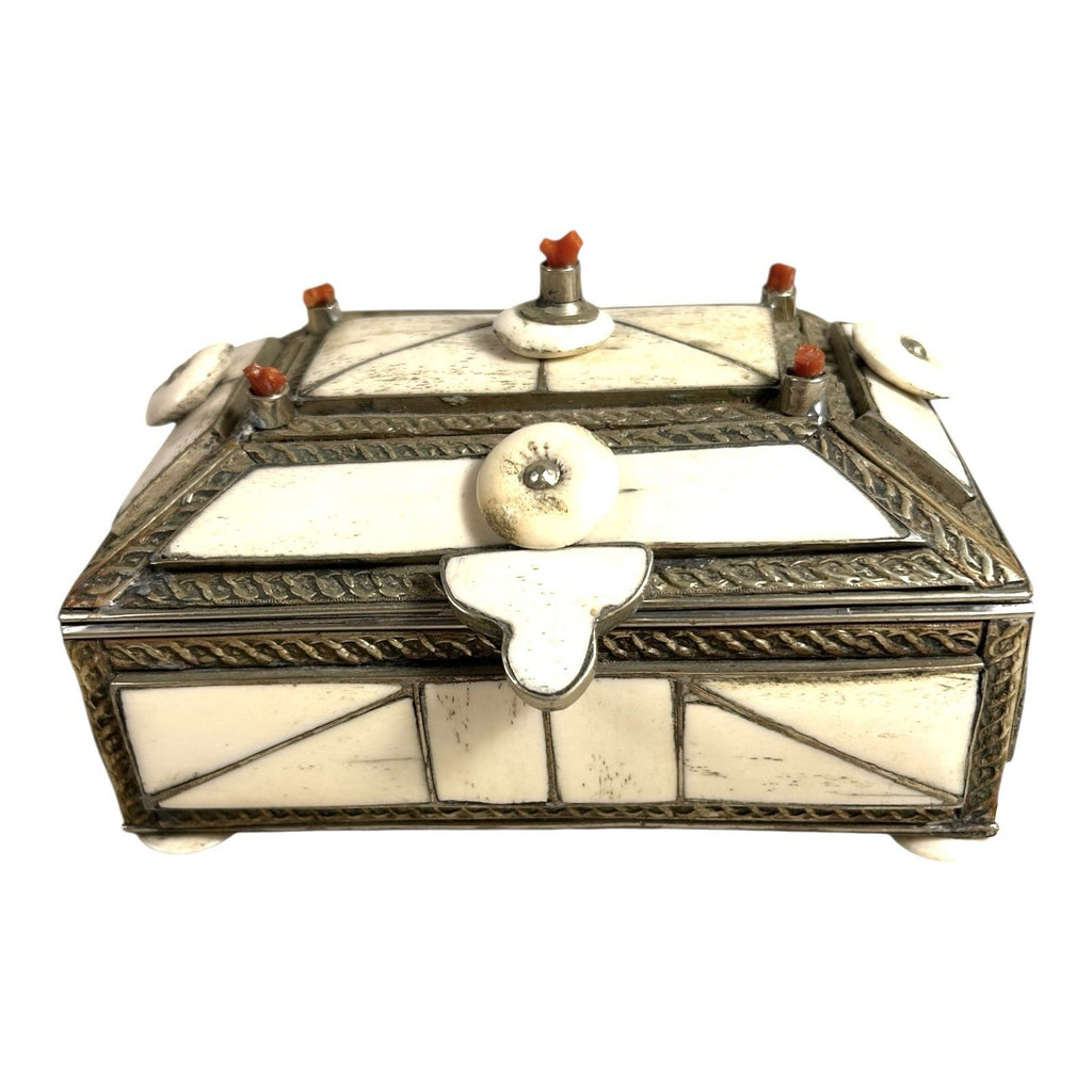 Vintage Moroccan Camel Bone Sandok Jewelry Trinket Box - Inlaid Metal Accents