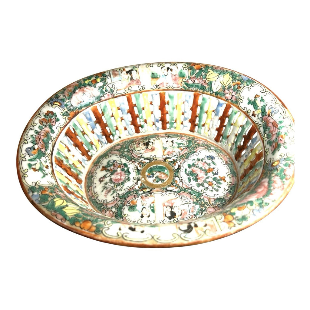 Antique Rose Medallion Chinese Reticulated Chestnut Bowl