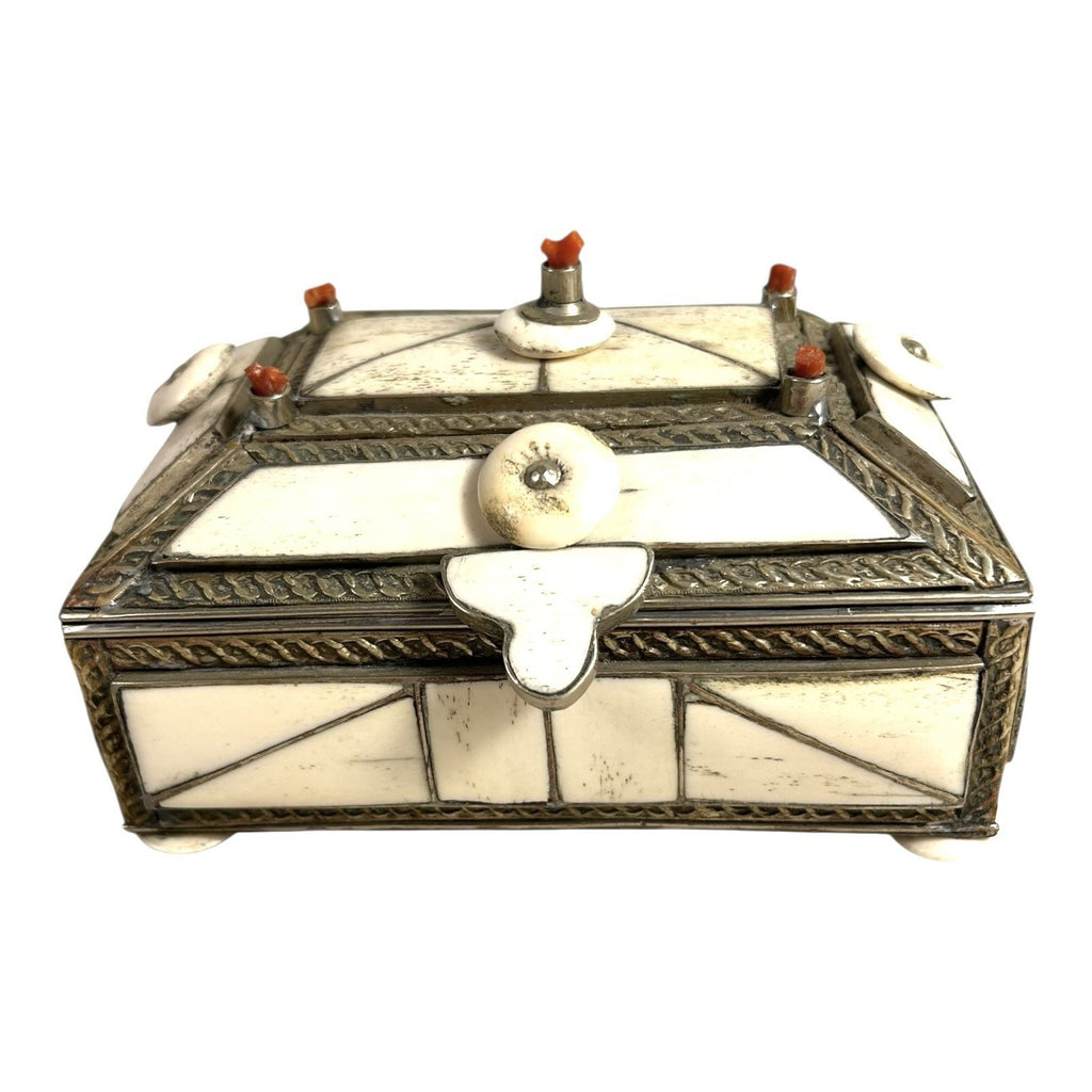 Vintage Moroccan Camel Bone Sandok Jewelry Trinket Box - Inlaid Metal Accents