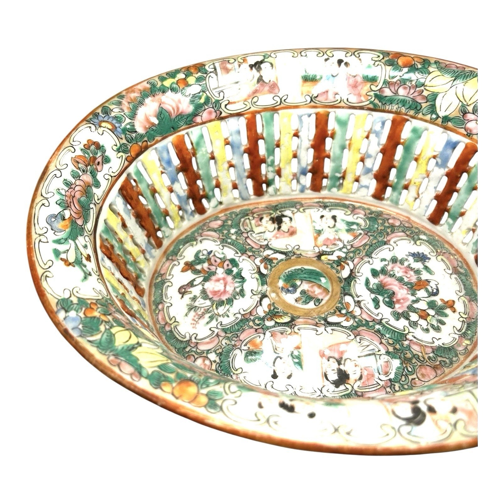 Antique Rose Medallion Chinese Reticulated Chestnut Bowl