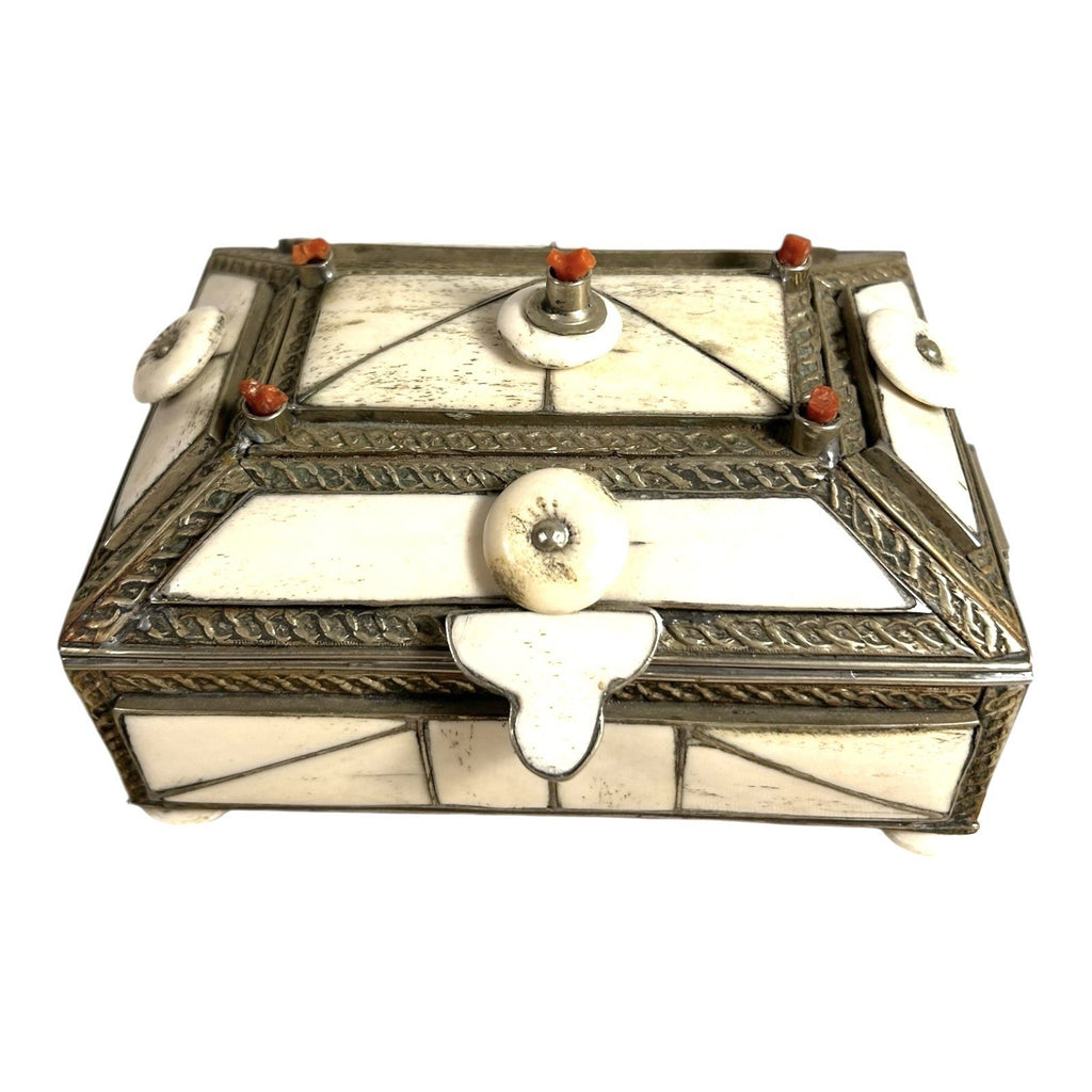 Vintage Moroccan Camel Bone Sandok Jewelry Trinket Box - Inlaid Metal Accents