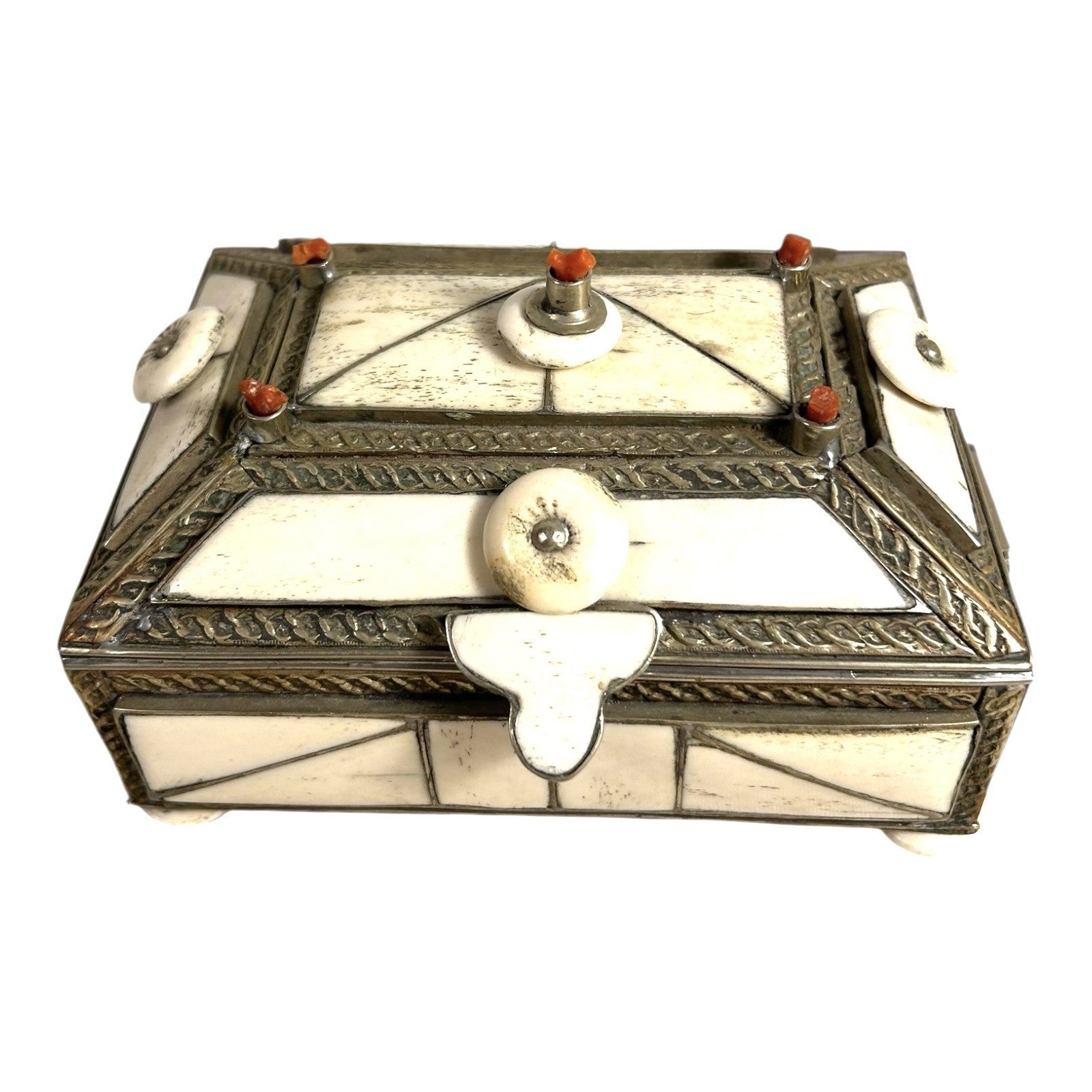 Vintage Moroccan Camel Bone Sandok Jewelry Trinket Box - Inlaid Metal Accents
