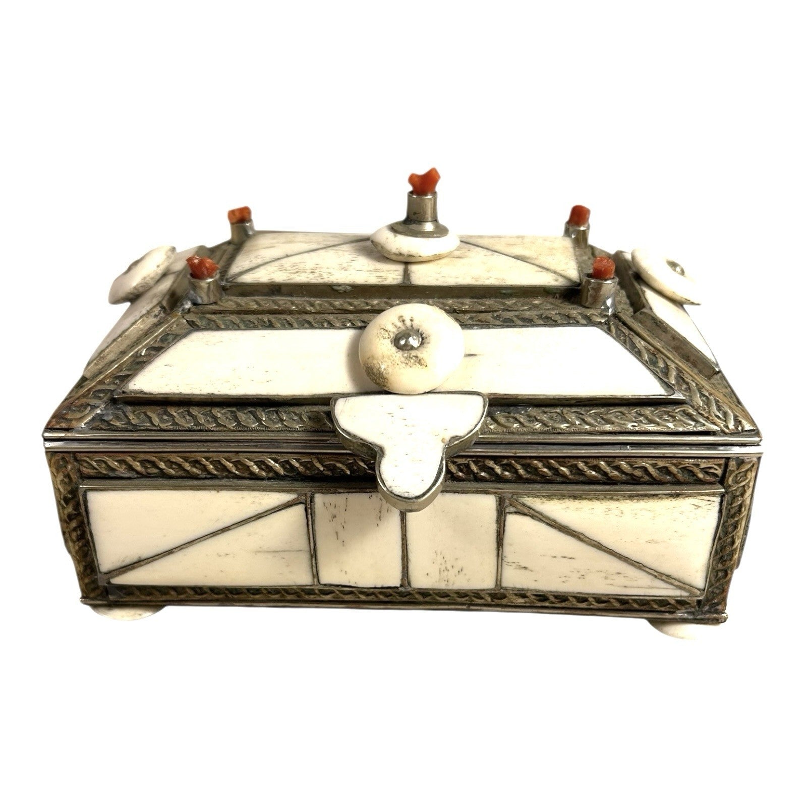 Vintage Moroccan Camel Bone Sandok Jewelry Trinket Box - Inlaid Metal Accents