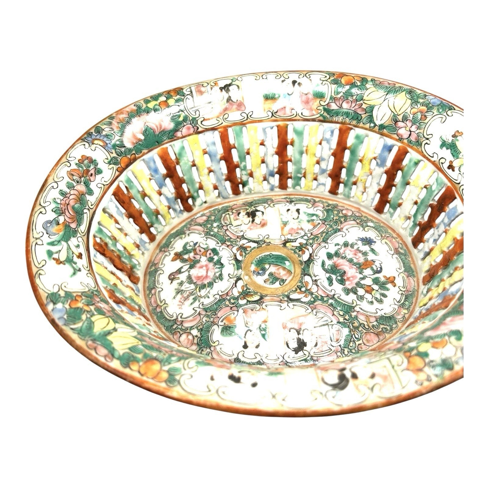 Antique Rose Medallion Chinese Reticulated Chestnut Bowl