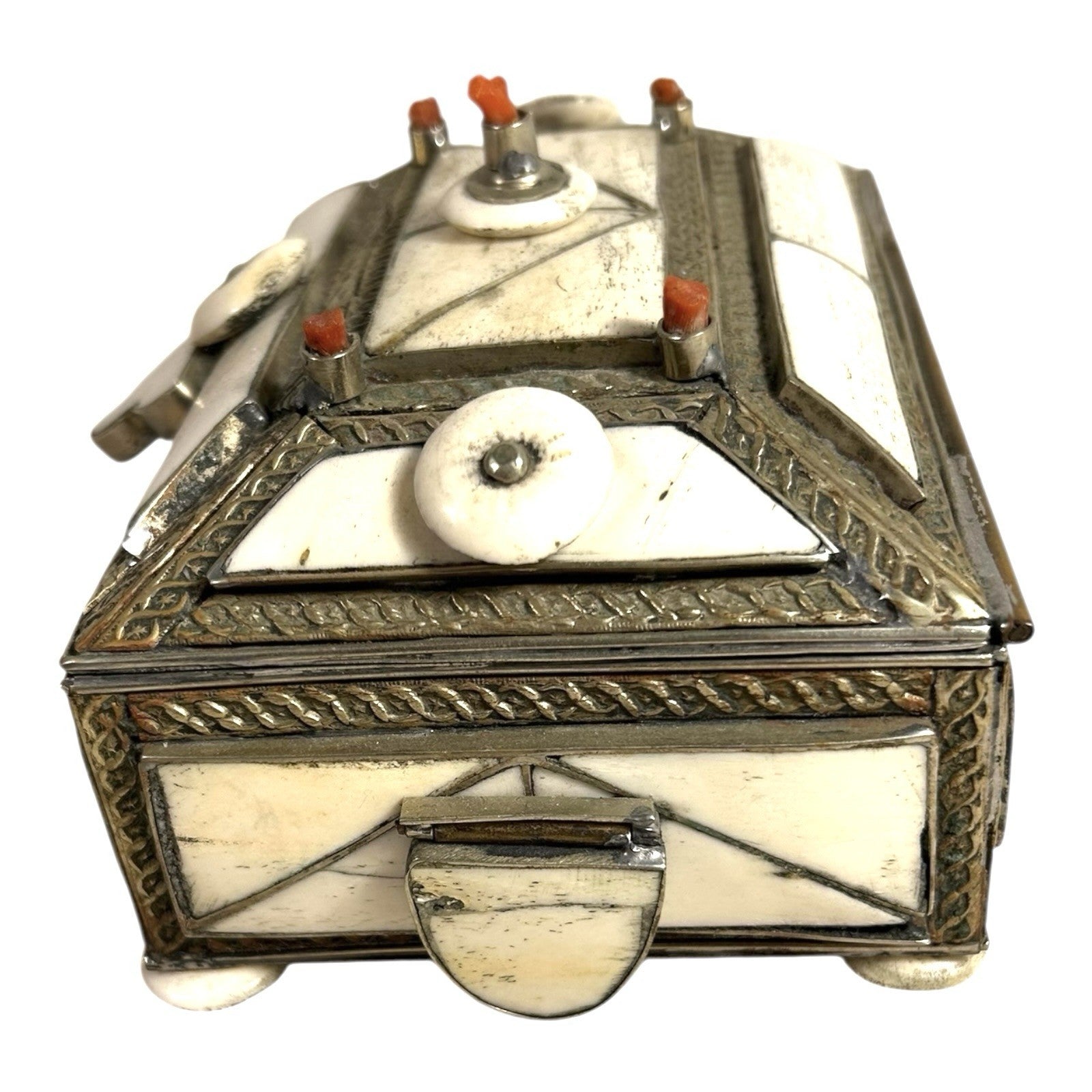 Vintage Moroccan Camel Bone Sandok Jewelry Trinket Box - Inlaid Metal Accents