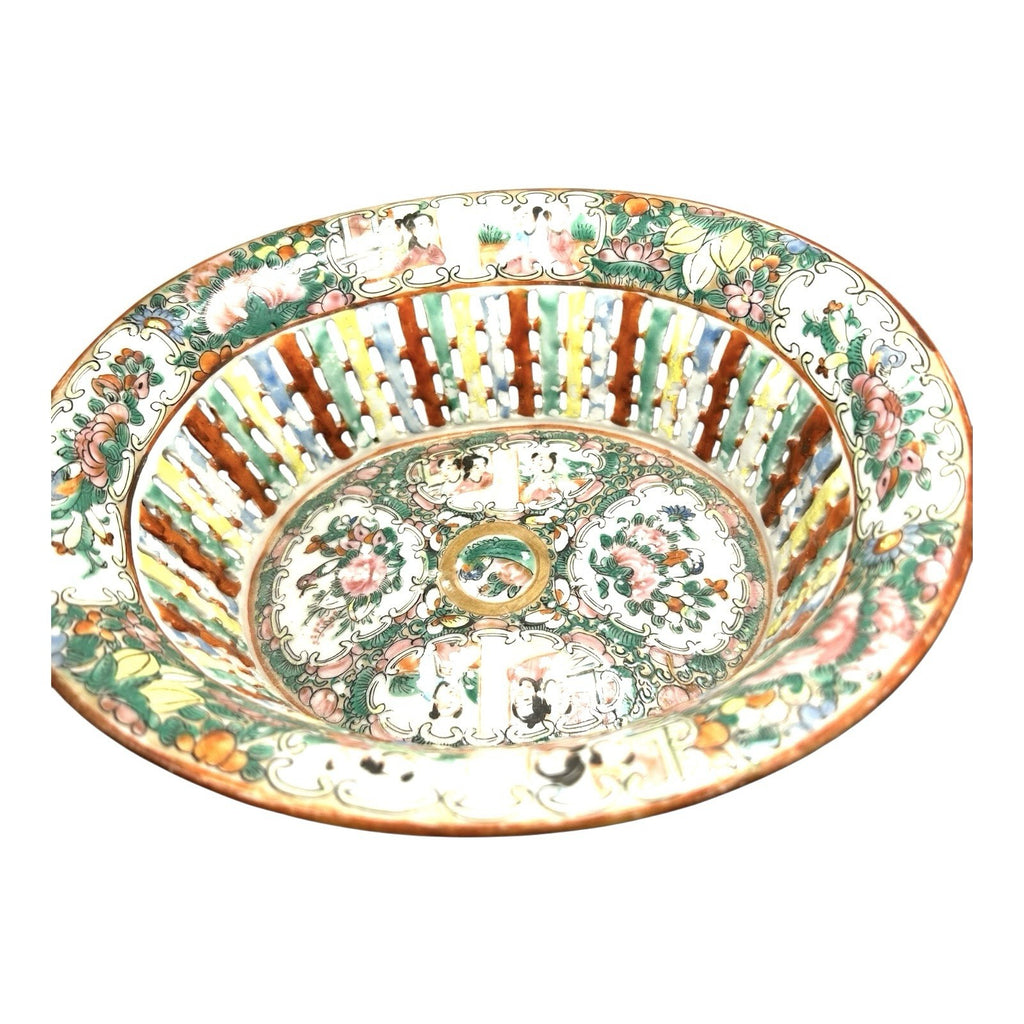 Antique Rose Medallion Chinese Reticulated Chestnut Bowl