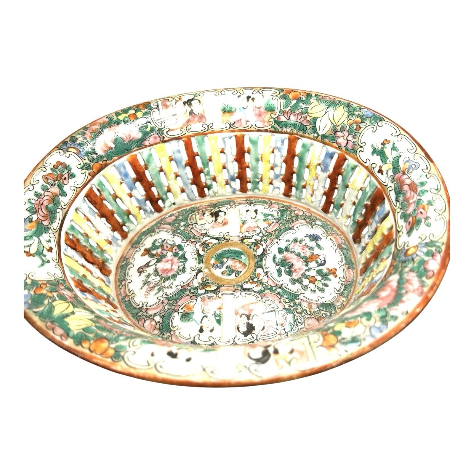 Antique Rose Medallion Chinese Reticulated Chestnut Bowl