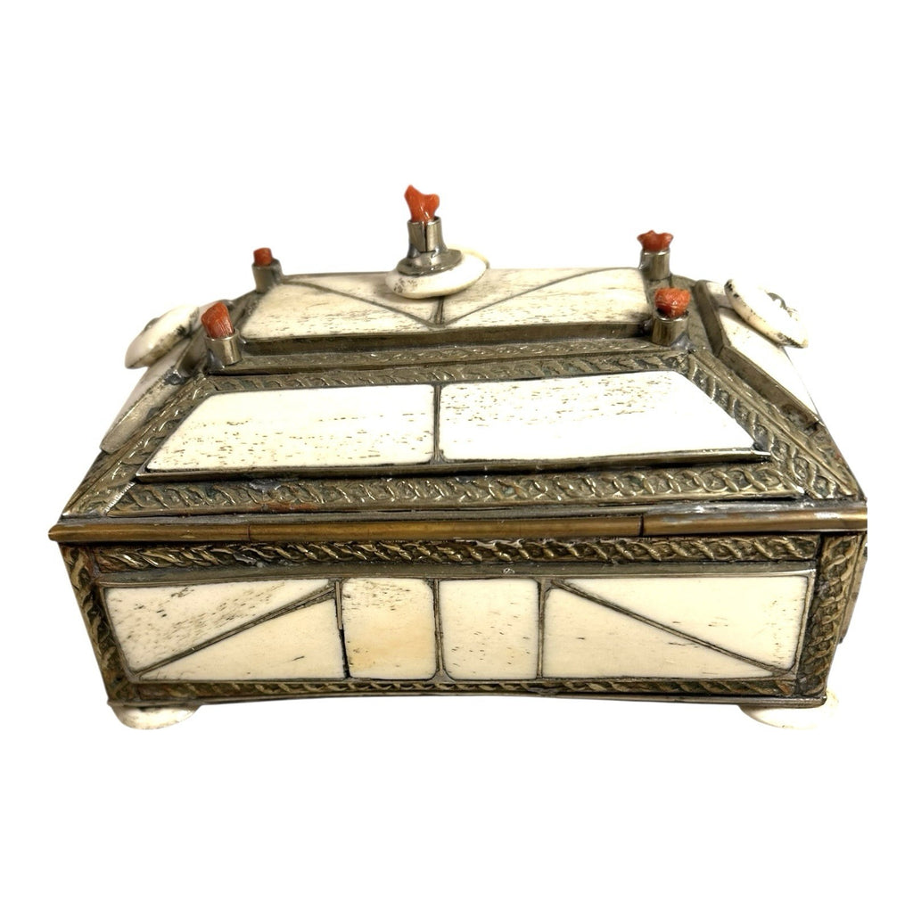 Vintage Moroccan Camel Bone Sandok Jewelry Trinket Box - Inlaid Metal Accents