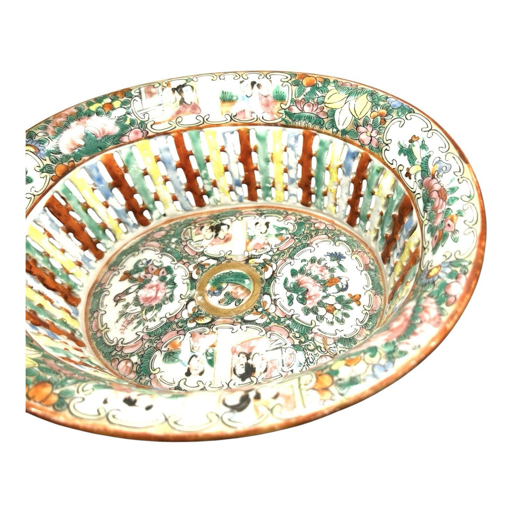 Antique Rose Medallion Chinese Reticulated Chestnut Bowl