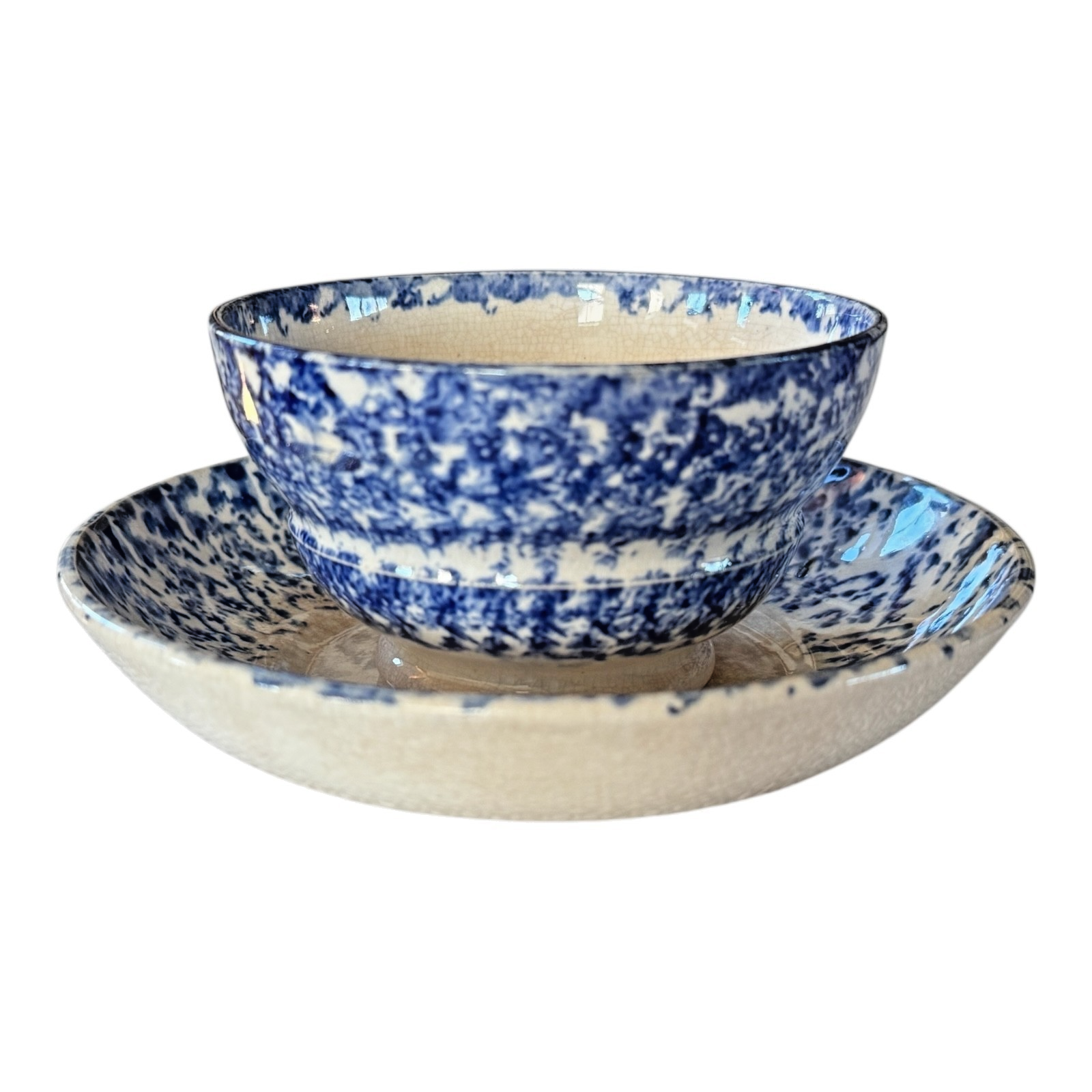 Antique Staffordshire Blue Spatterware Spongeware Teacup & Saucer