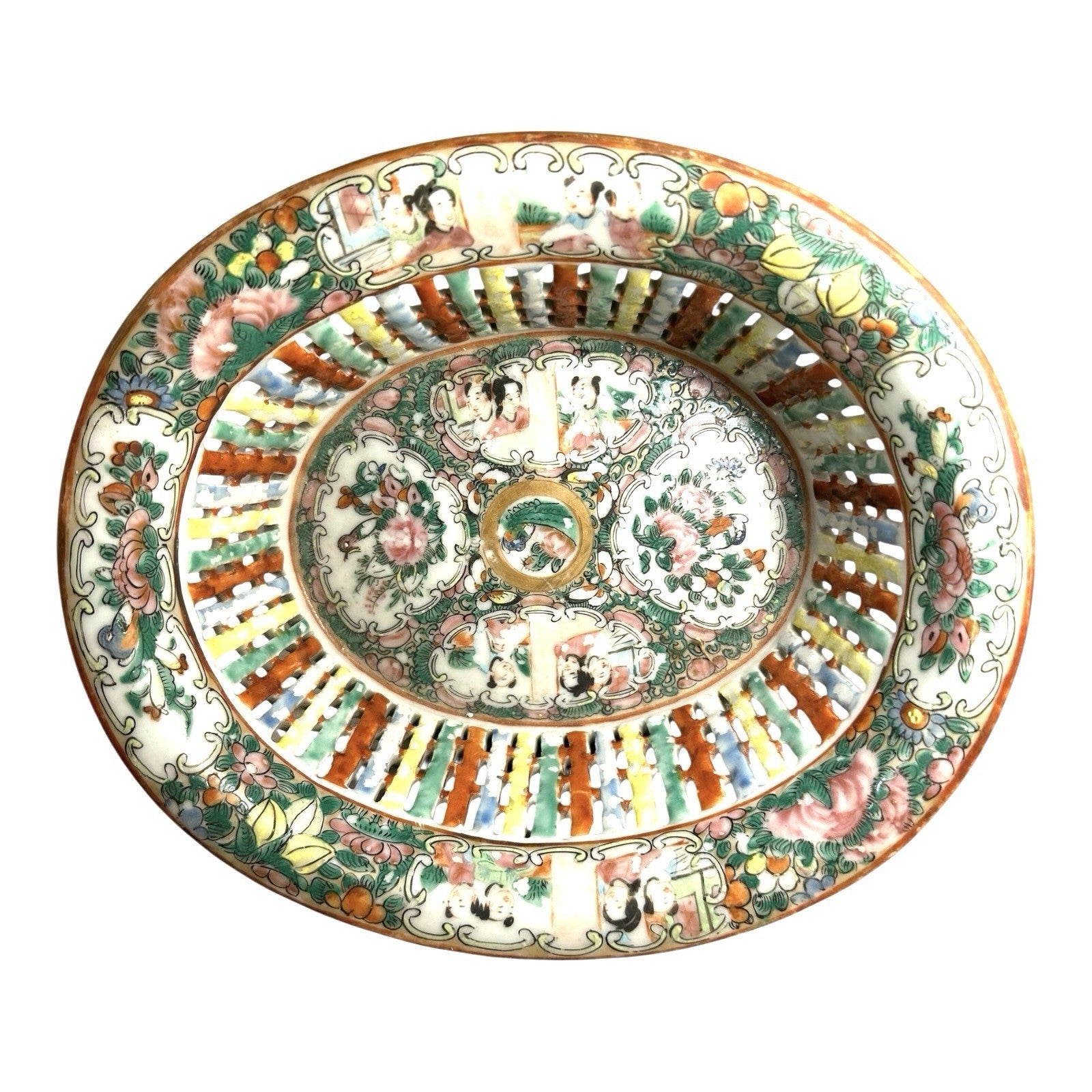 Antique Rose Medallion Chinese Reticulated Chestnut Bowl